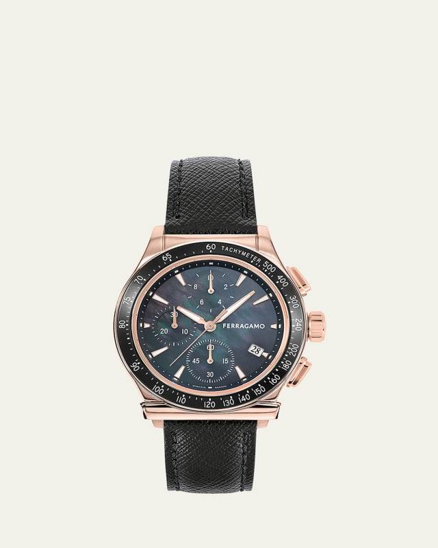 38mm Ferragamo 1927 Chrono Watch with Leather Strap, Black